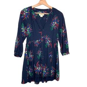 Anthropologie Maeve Winona Navy Blue Floral Cotton BabyDoll Tunic Blouse Size XS